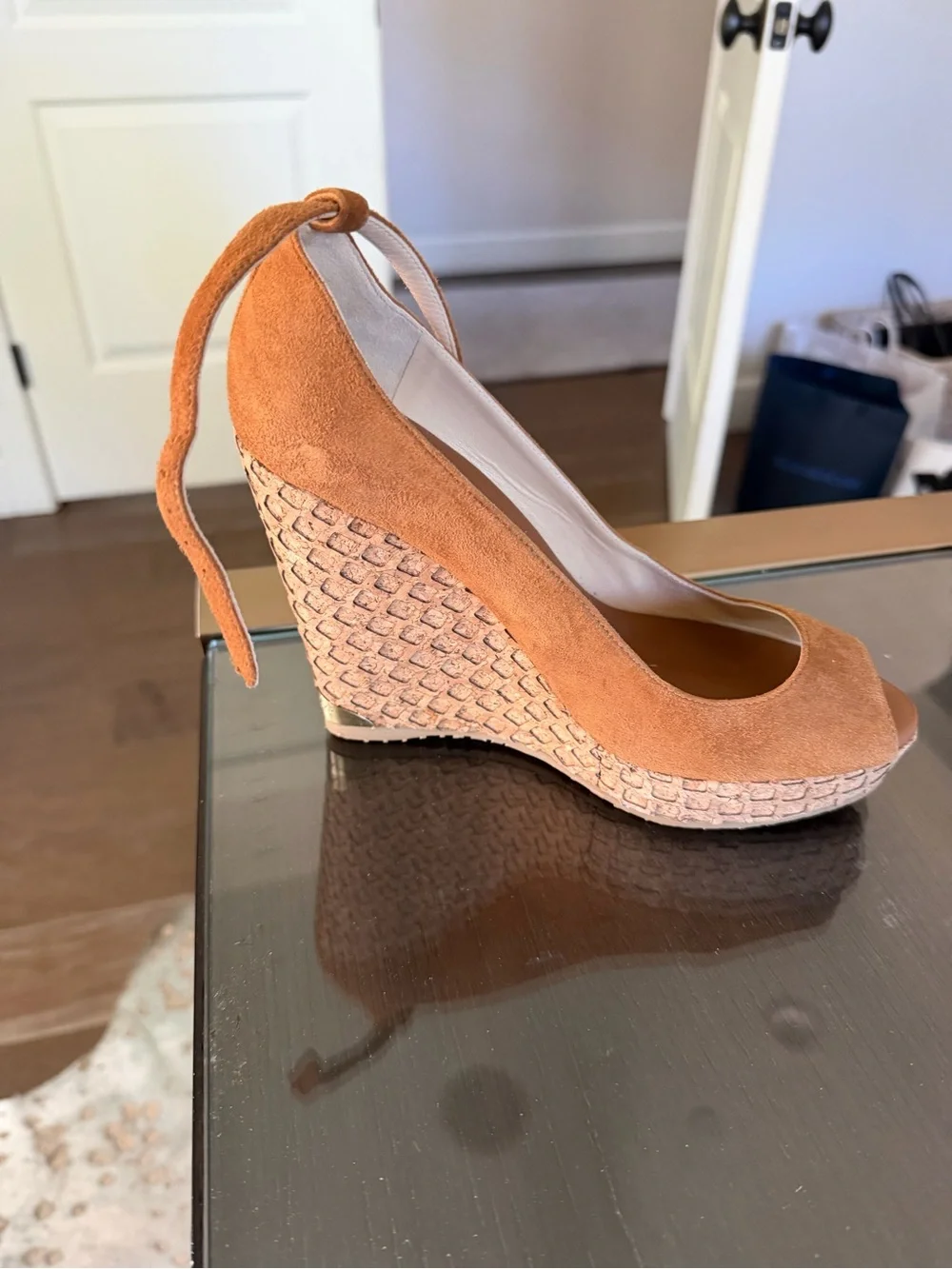 Jimmy Choo Cognac Suede Peep-Toe Espadrille Wedge Sandals